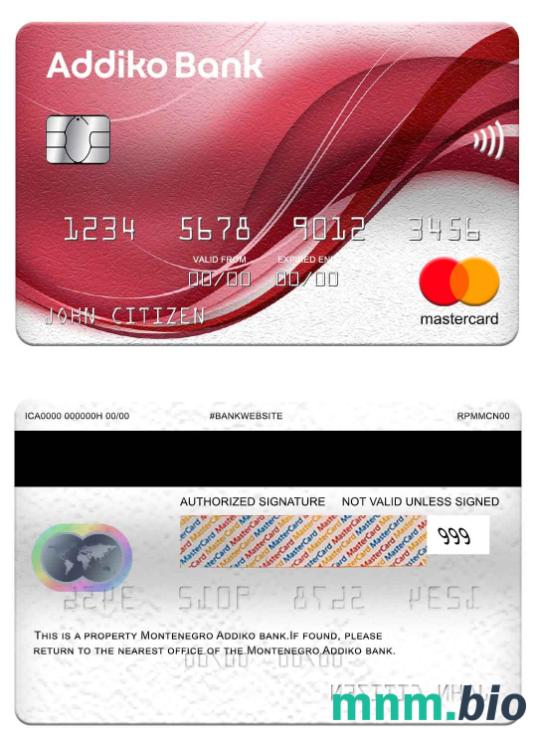 Montenegro Addiko Bank przykład karty mastercard w formacie PSD
